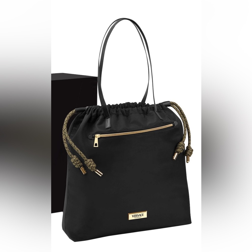 Versace Elegant Black Drawstring Tote Bag